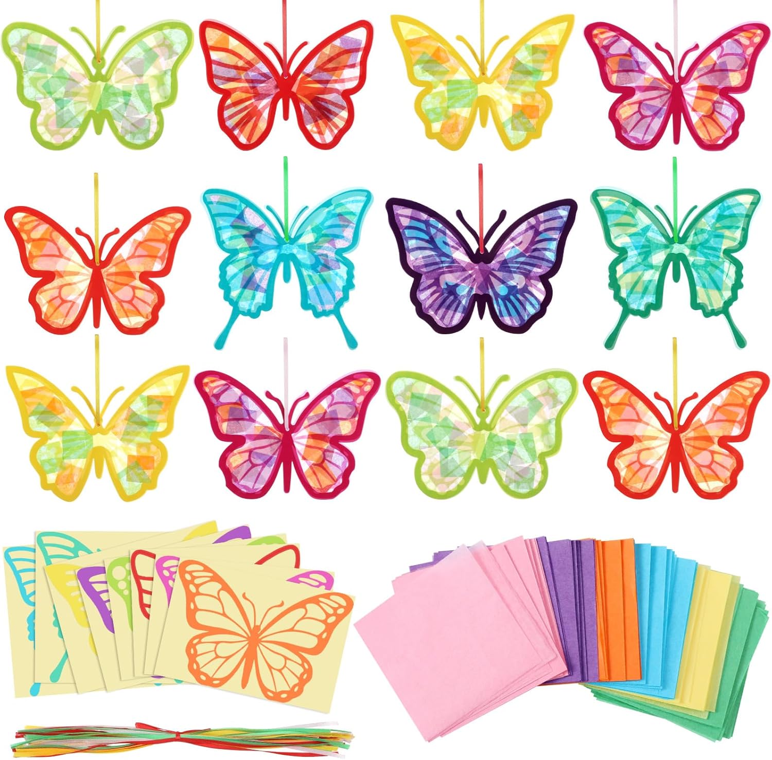 32 Pcs Butterfly Suncatchers Paper Craft Set DIY Butterfly Shaped Stained Glass Effect Tissue Paper Kits Bulk for Window Classroom Activities Art Spring Summer Party Decorations Favors Gift