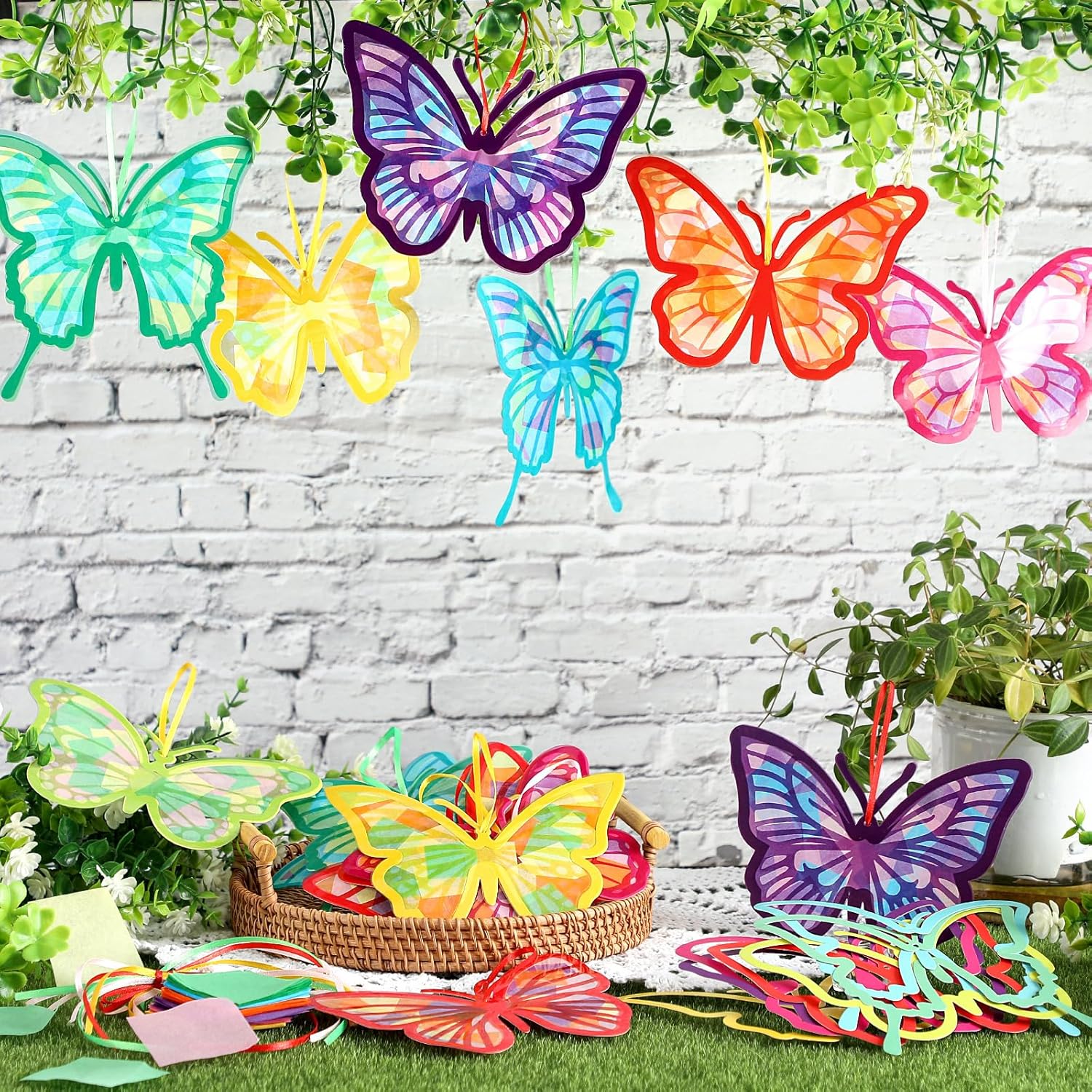 32 Pcs Butterfly Suncatchers Paper Craft Set DIY Butterfly Shaped Stained Glass Effect Tissue Paper Kits Bulk for Window Classroom Activities Art Spring Summer Party Decorations Favors Gift - Image 2